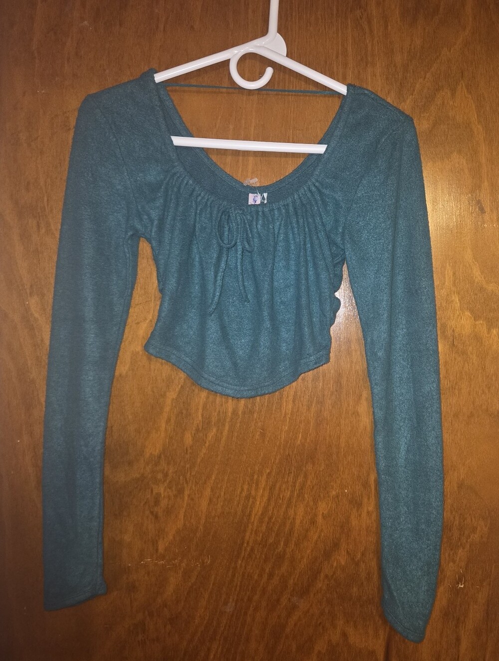 NWT Urban Outfitters Jasper Ribbed Cinch Tie Teal Long Sleeve Crop Top Size S